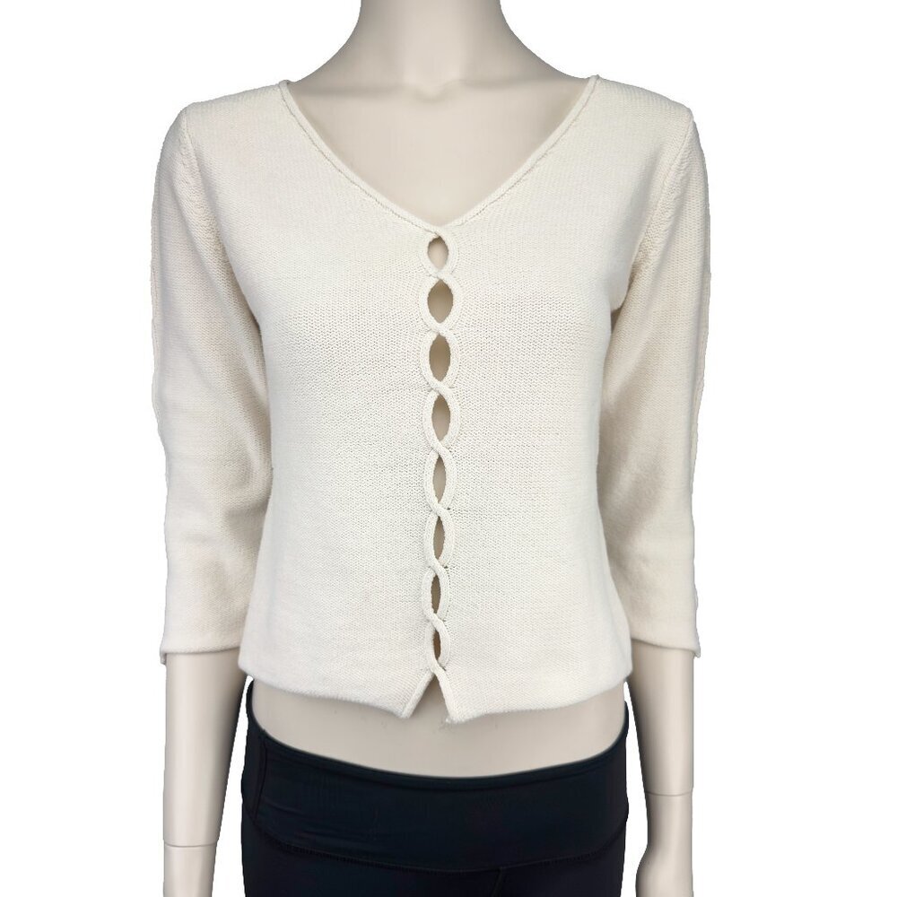 IN WEAR Boho Cream Cotton Knit Open design V-neck 3/4 sleeves Minimalist sz M